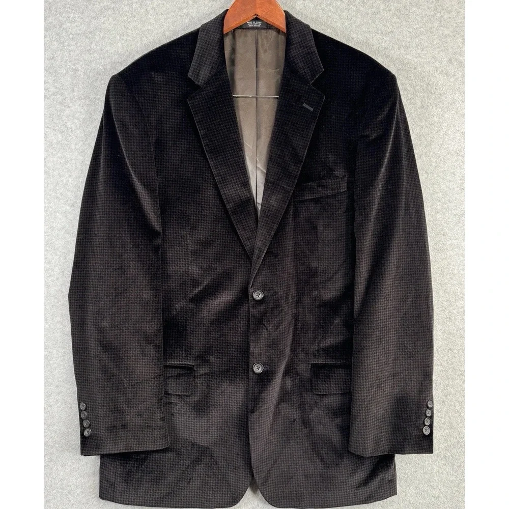 Jones New York Velvet Cotton Blazer Brown‎ Houndstooth 44L Sport Coat